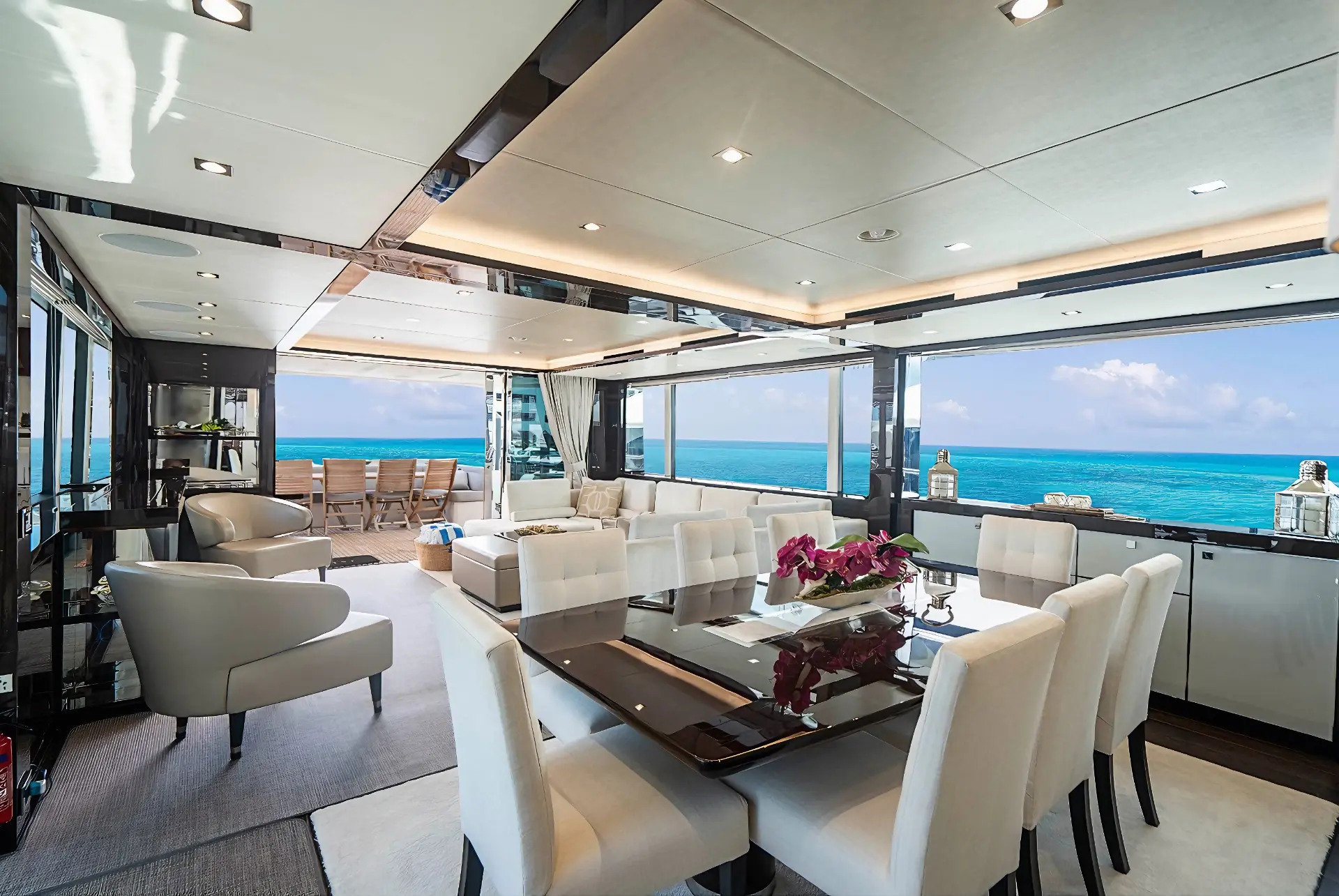 Elegant salon view looking toward the entrance aboard Sunseeker 95 Quantum.