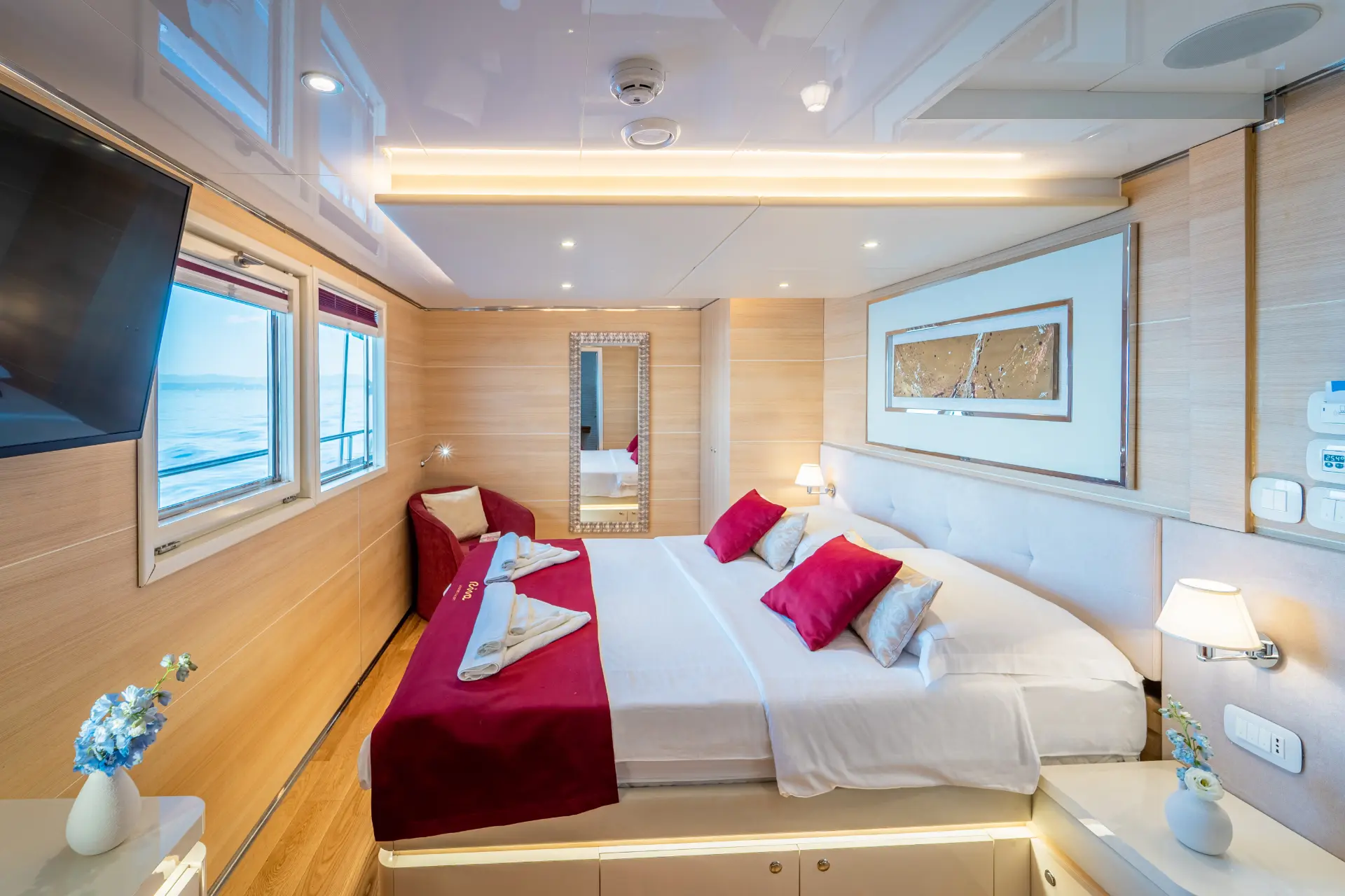 Riva’s double cabin on the main deck offers elegant design, luxurious furnishings, and stunning views, providing a comfortable retreat for guests.