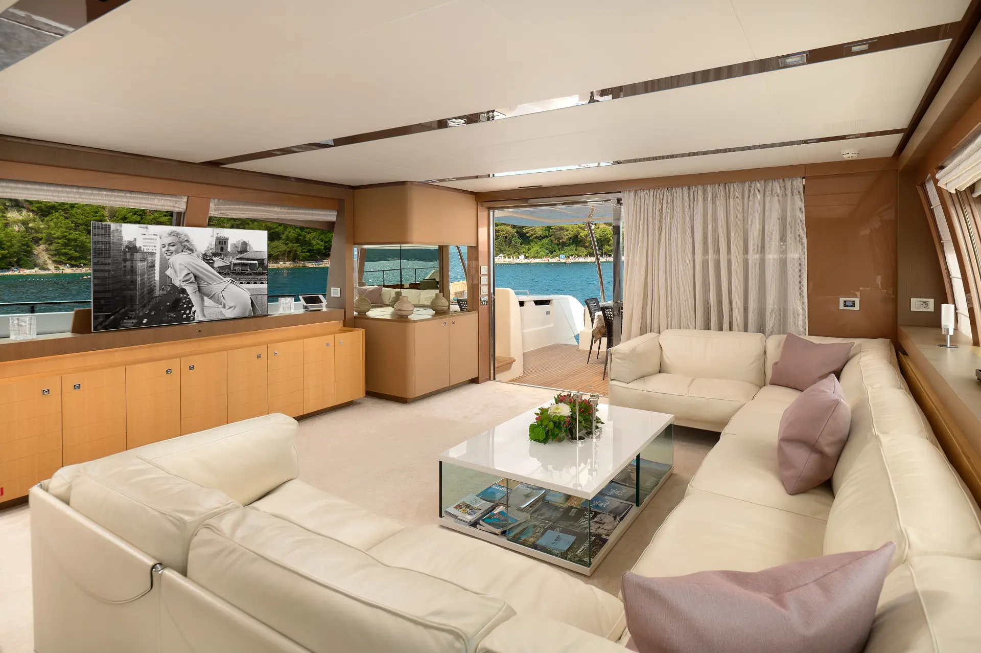 Iva – salon interior mainly white, lounge area visible, carpet on floor, and large flat-screen TV.
