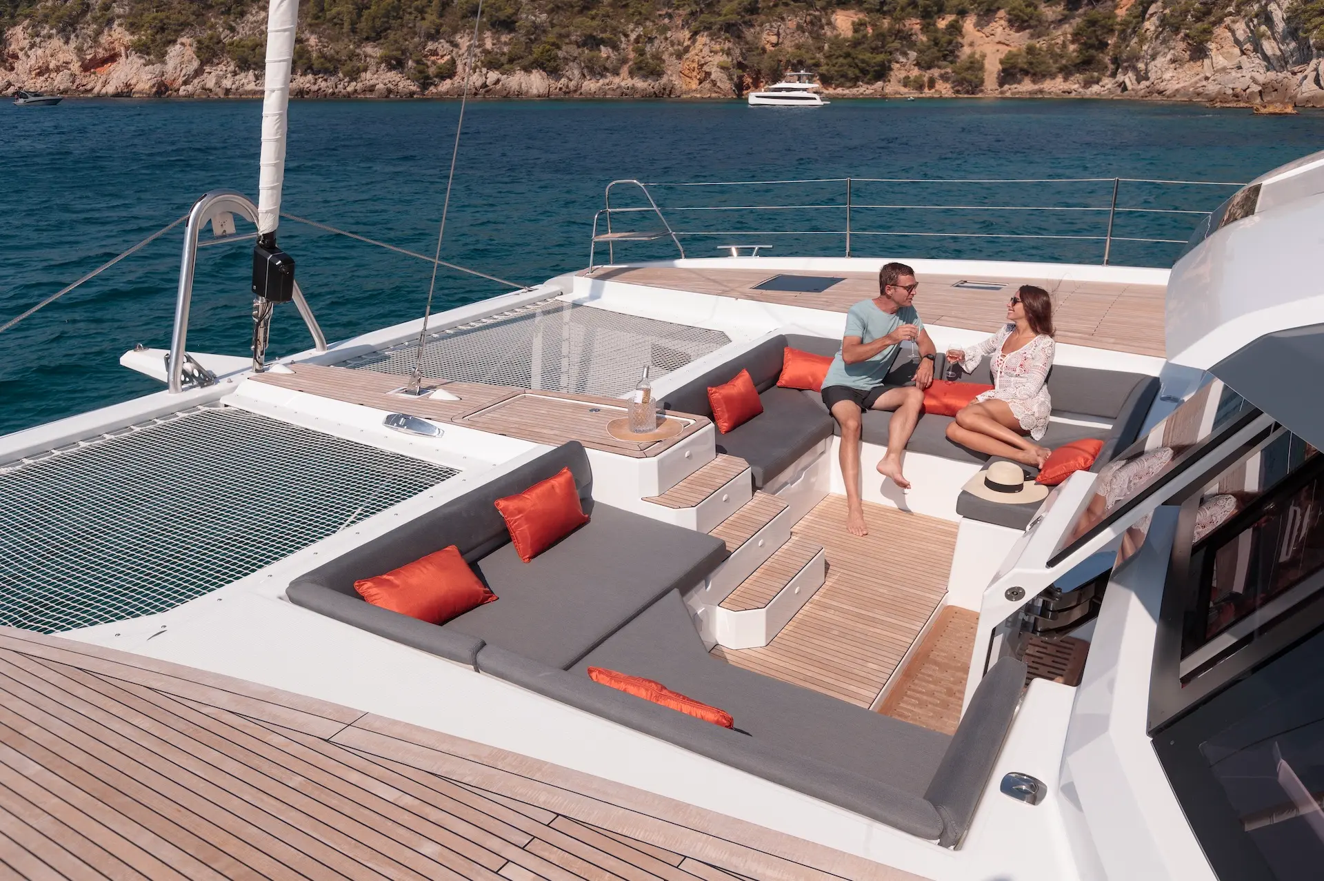 Luxury catamaran Fountaine Pajot Samana 59 – foredeck close-up, guests lounging comfortably in front seating area.