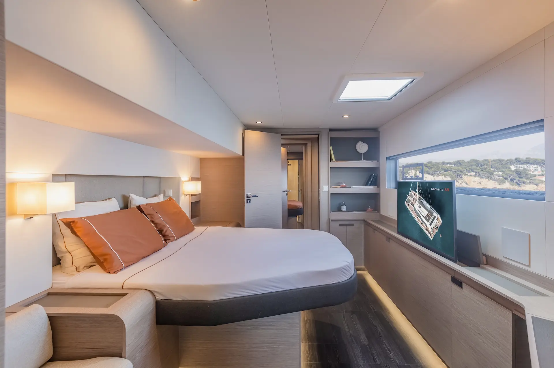 Cozy double bedroom, bed left side, window right side, door straight ahead.