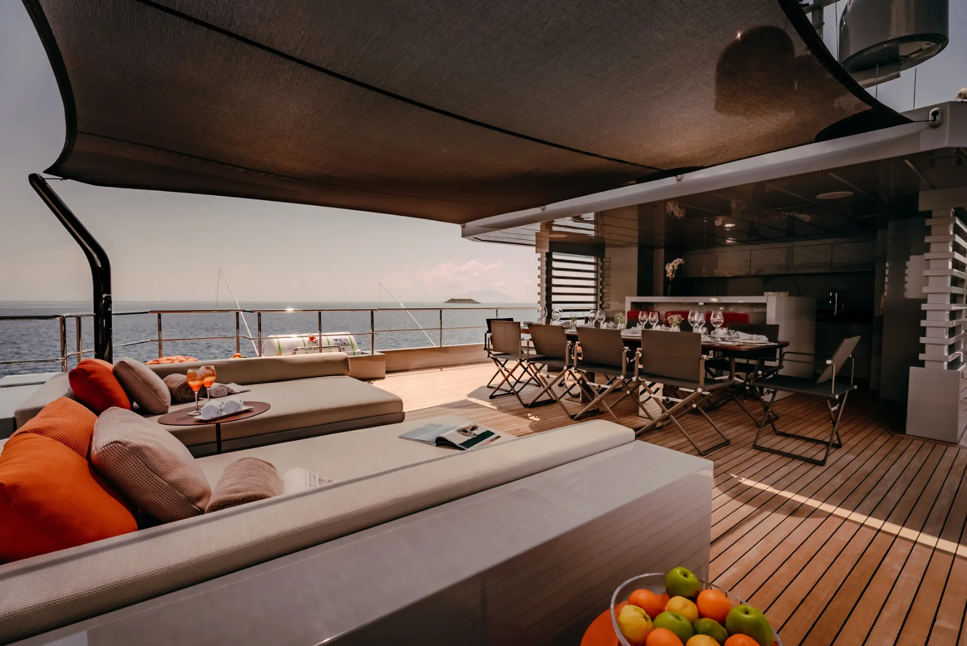 Carmen, Upper Deck featuring Alfresco Dining and American Bar with BBQ, opposite spacious sun loungers.