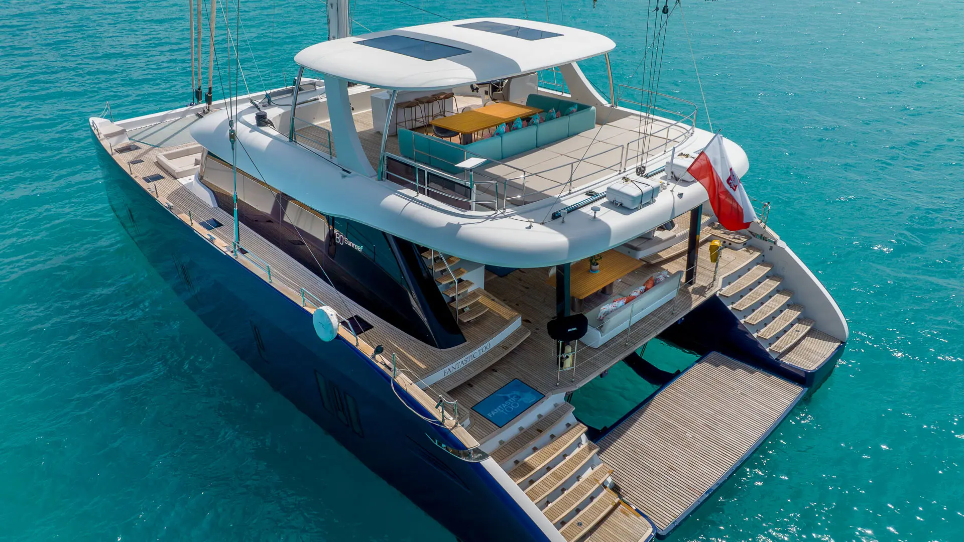 Sunreef 80 'Fantastic Too' - detailed aft view, spacious flybridge, aft cockpit, and swim platform.