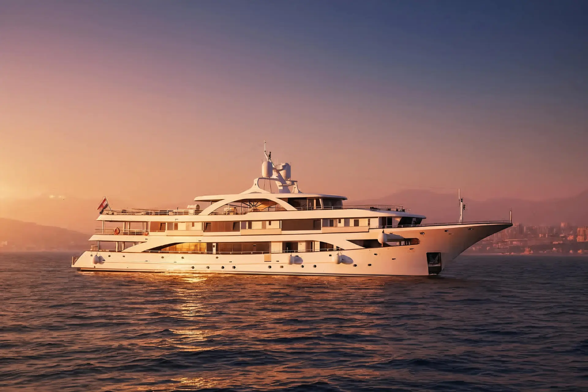 Luxury mini cruiser Premier - cruising in sunset at the Adriatic coast. A golden hour view of this elegant 55m ship during a private Croatia cruise.