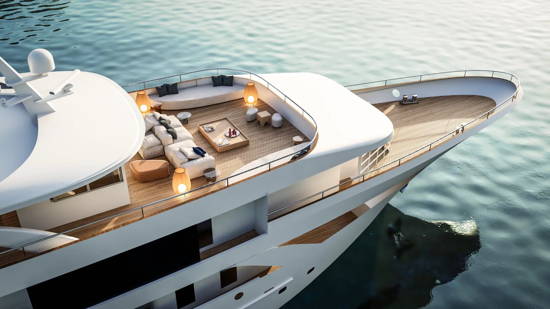 Luxury mini cruiser Premier - close aerial view of bow sun deck with lounge area. High-end outdoor seating designed for relaxation at sea.